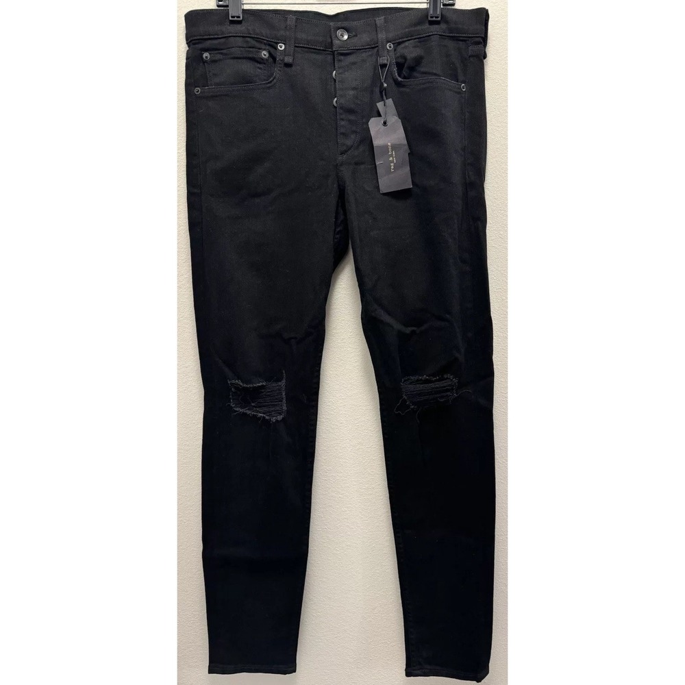 rag & bone Men's Size 34x33 Fit 1 Extra Slim Distressed Black Denim Jeans USA